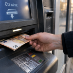 Käsi nostaa 50 euron seteliä pankkiautomaatista.