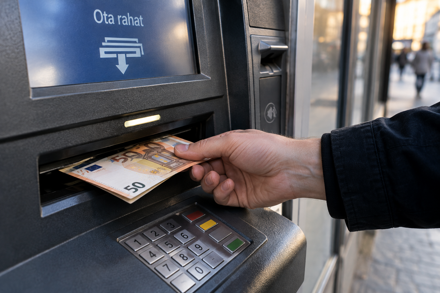 Käsi nostaa 50 euron seteliä pankkiautomaatista.